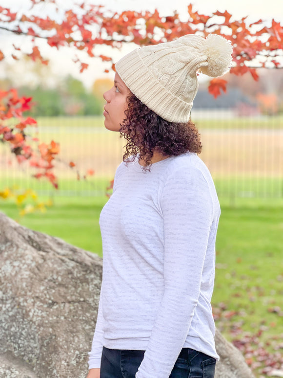 Cream Satin Lined Cable Knit Hat