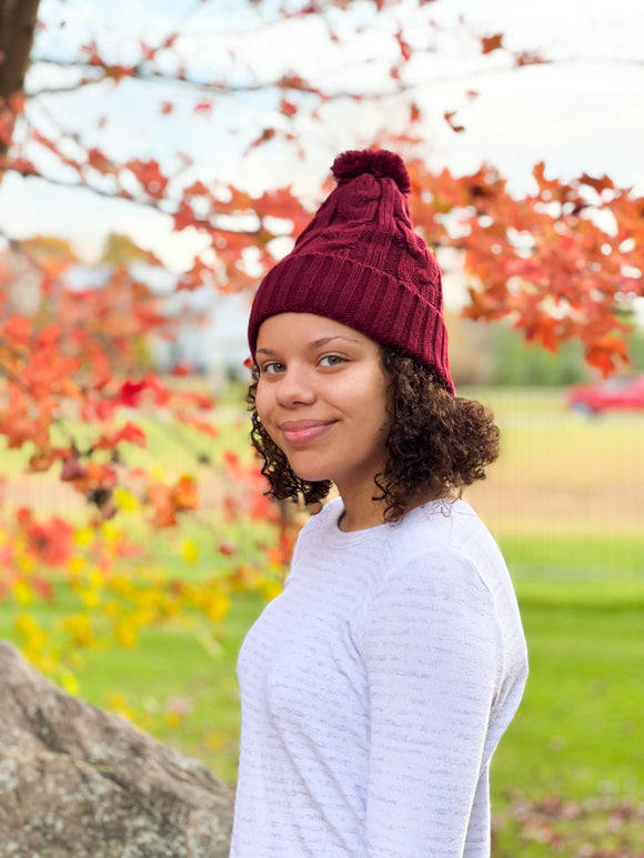 Burgundy Satin Lined Cable Knit Hat